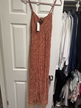Slip Midi Dress in Rust with Feather Hem
